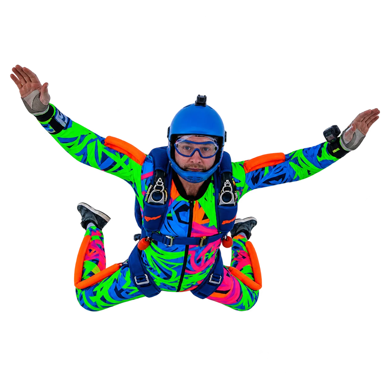 Paraquedista com equipamento colorido em queda livre, baseado na imagem fornecida pela Blue Sky Digital