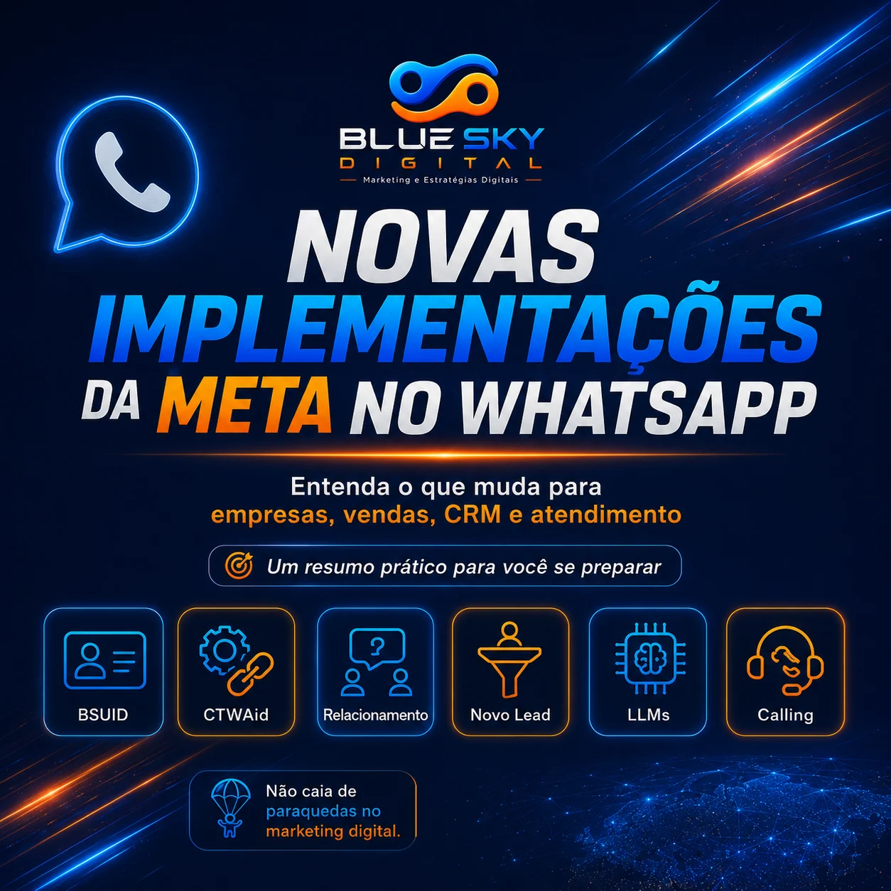 Arte Blue Sky Digital sobre as novas implementações da Meta no WhatsApp